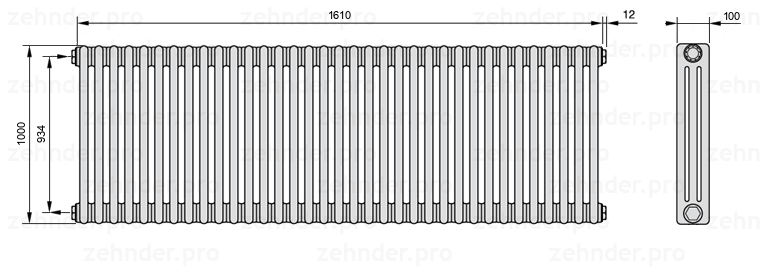 Схема (чертеж) Радиатор Zehnder Charleston 3100/35 №1270 Белый глянцевый RAL 9016